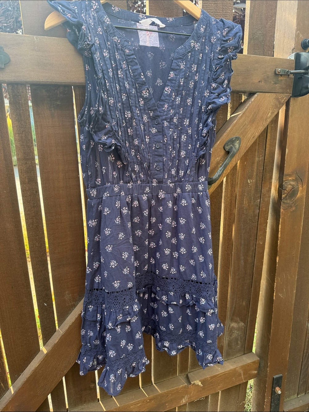BB Dakota Navy Floral Ruffle Dress with Crochet Trim